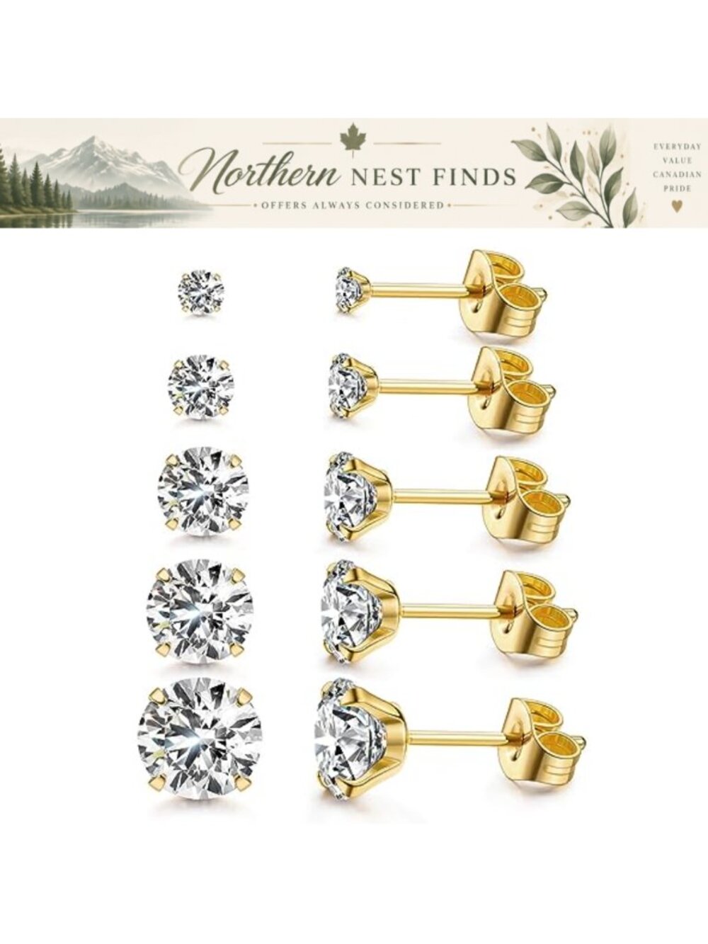 14K Gold Plated CZ Stud Earrings Simulated Diamond Round Cubic Zirconia Set 5
